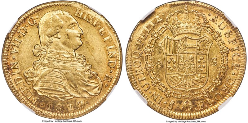 Ferdinand VII gold 8 Escudos 1817/8 So-FJ MS60 NGC, Santiago mint, KM78, Fr-29. ...