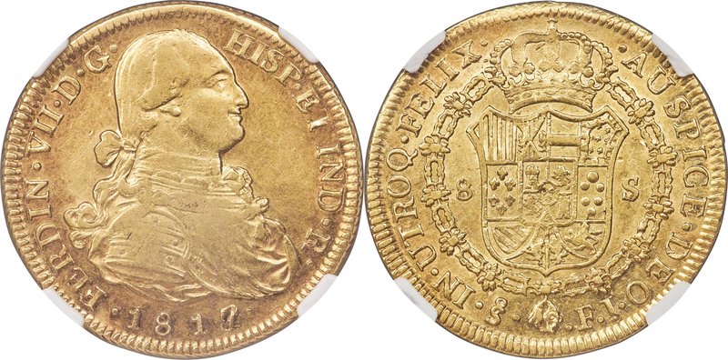 Ferdinand VII gold 8 Escudos 1817/8 So-FJ AU53 NGC, Santiago mint, KM78. A hands...