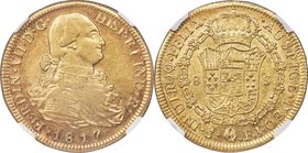 Ferdinand VII gold 8 Escudos 1817/8 So-FJ AU53 NGC, Santiago mint, KM78. A handsome example with deep apricot peripheral toning and vibrant underlying...