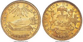 Republic gold 2 Escudos 1838 So-IJ AU58 NGC, Santiago mint, KM97. Strong mint luster and an attractive old apricot toning. A handsome example of this ...