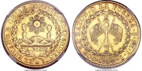 Republic gold 8 Escudos 1834 So-IJ AU55 NGC, Santiago mint, KM84. An appealing example with light toning and considerable mint luster. Quite scarce in...