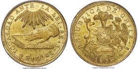 Republic gold 8 Escudos 1836 So-IJ AU58 PCGS, KM93. An appealing coin with bold details and plenty of mint luster present. Overstruck on a Chilean 8 E...