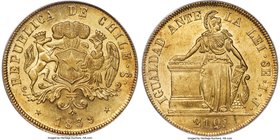 Republic gold 8 Escudos 1839 So-IJ MS62 PCGS, Santiago mint, KM104.1. The first year of this popular and elusive Liberty type, displaying vibrant lust...