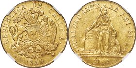 Republic gold 8 Escudos 1850 So-LA MS62 NGC, Santiago mint, KM105. Very scarce in Mint State preservation. A nice lustrous example with attractive hon...