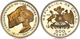 Republic gold Proof "National Flag Anniversary" 500 Pesos 1968-So PR64 Ultra Cameo NGC, Santiago mint, KM187. A near-gem offering displaying lush, sat...