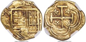 Philip IV gold Cob 2 Escudos ND (1653-1660)-R XF45 NGC, Nuevo Reino mint, KM14.1, Fr-3. A pleasing colonial "cob" type which features a reasonably str...