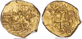 Charles II gold Cob 2 Escudos ND (1694-1714) MS65 NGC, Nuevo Reino mint, KM14.2. 6.68gm. An exceptional gem example of this usually crudely made type....