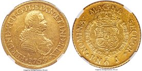 Ferdinand VI gold 8 Escudos 1759 PN-J XF40 NGC, Popayan mint, KM32.2. Lively mint brilliance remains evident in the peripheral areas of this moderatel...