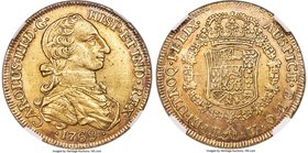 Charles III gold 8 Escudos 1769 NR-V XF45 NGC, Nuevo Reino mint, KM41. An impressive and rare issue with nice peripheral toning darkening the edges an...