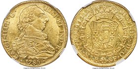 Charles III gold 8 Escudos 1785 P-SF MS61 NGC, Popayan mint, KM50.2a, Restrepo-73.36. Intensely watery in the fields with well-rendered design feature...