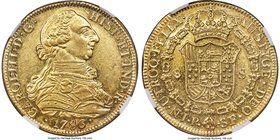 Charles III gold 8 Escudos 1786 P-SF MS61 NGC, Popayan mint, KM50.2a. A lovely example exhibiting a hint of wateriness along the peripheries and sunny...
