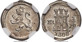 Charles IV 1/4 Real 1808-NR MS63 NGC, Nuevo Reino mint, KM63. A burst of luster surrounds the central devices with the peripheries undergoing light to...