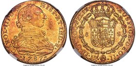 Charles IV gold 8 Escudos 1787 NR-JJ MS61 NGC, Nuevo Reino mint, KM50.1a. A lovely Mint State example with a lustrous orange-gold chroma and deep copp...