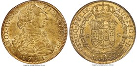 Charles IV gold 8 Escudos 1791 NR-JJ MS62 NGC, Nuevo Reino mint, KM62.1. Strong detail, impressive golden luster, and a light overall tone. 

HID098...