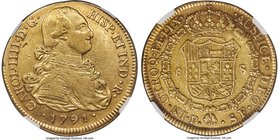 Charles IV gold 8 Escudos 1791 P-SF VF Details (Obverse Scratched) NGC, Popayan, KM62.2. The surfaces display a moderate degree of wear and a few ligh...