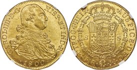 Charles IV gold 8 Escudos 1800/799 NR-JJ MS62+ NGC, Nuevo Reino mint, KM62.1. Shimmering luster and an excellent strike define this scarce and attract...