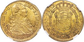 Charles IV gold 8 Escudos 1808 P-JF MS61 NGC, Popayan mint, KM66.2. With legend "CAROL IIII." Boldly struck, the surfaces exhibiting significant golde...