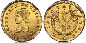 Republic gold Escudo 1824 POPAYAN-FM MS63 NGC, Popayan mint, KM81.2. A well struck and lustrous example. Narrow and wide dates with at least five vari...