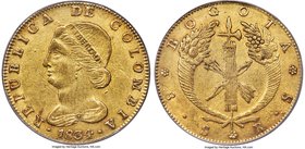 Republic gold 8 Escudos 1834 BOGOTA-RS AU55 PCGS, Bogota mint, KM82.1. A handsome example ehibiting a robust luster with a medium golden chroma, minim...