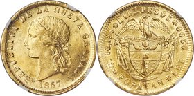 Nueva Granada Mint Error - Reverse Lamination gold "Diez Pesos" 10 Pesos 1857-POPAYAN MS64 NGC, Popayan mint, KM122.1, Fr-85. An enchanting error spec...
