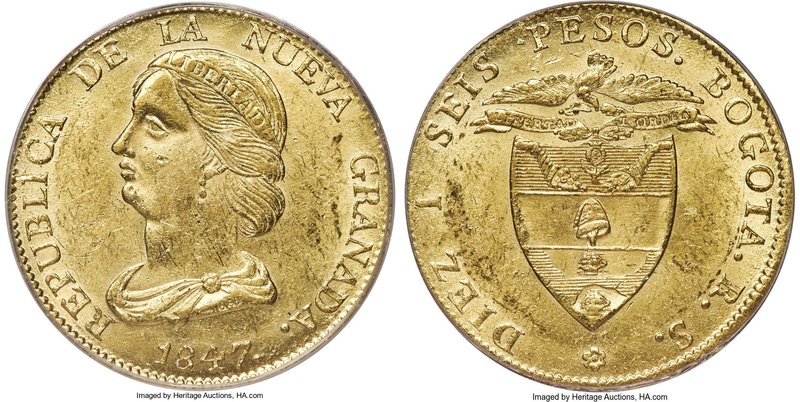 Nueva Granada gold 16 Pesos 1847 BOGOTA-RS MS61 PCGS, Bogota mint, KM94.1. Flash...