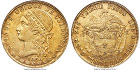 Estados Unidos gold 20 Pesos 1868-MEDELLIN AU50 NGC, Medellin mint, KM142.2. An example demonstrating well defined details and scattered light frictio...