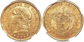 Estados Unidos gold 20 Pesos 1871-BOGOTA AU58 NGC, Bogota mint, KM142.1, Restrepo-M336.7. Gleaming golden luster pervades in the fields of this high-q...