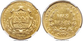 Republic gold 10 Pesos 1870-GW AU53 NGC, San Jose mint, KM115. From a scant mintage of just 20,000. A bright, sunny specimen, much luster imbued withi...