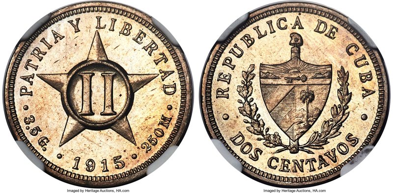 Republic Proof 2 Centavos 1915 PR65 NGC, Philadelphia mint, KM-A10. Mintage: 150...