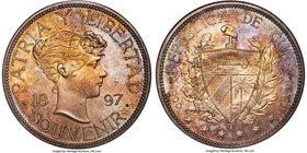 Republic Souvenir Peso 1897 MS66 NGC, Gorham mint, KM-XM2. Close Date, star below baseline. Attractively toned with light satiny luster, a truly gem e...