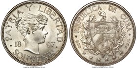 Republic Souvenir Peso 1897 MS65 NGC, Gorham mint, KM-XM2, EMO-3A 3C/2B. Close Date variety. Mintage: 4286. A wonderful specimen with beautiful, satin...