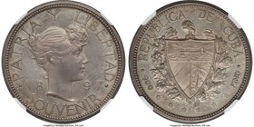 Republic Souvenir Peso 1897 MS62 NGC, Gorham mint, KMX-M1. Mintage: 828. Variety with Date widely spaced and PAT 97 on truncation. By far the rarest a...