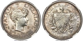 Republic Souvenir Peso 1897 AU55 NGC, Gorham mint, KM-XM1. Wide Date variety. Lightly toned with with slight circulation wear and gentle handling. Sel...