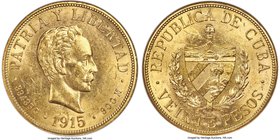 Republic gold 20 Pesos 1915 MS63 ANACS, Philadelphia mint, KM21. A one-year type. A nice example with bright, satiny luster and the normal small frict...