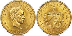 Republic gold 20 Pesos 1915 MS62 NGC, Philadelphia mint, KM21. One-year type. A most presentable example with cascading satiny luster, saffron-yellow ...