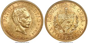 Republic gold 20 Pesos 1915 MS60 ANACS, Philadelphia mint, KM21. Strong cartwheel mint bloom, with a few light contact marks typical for the issue and...
