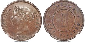 British Colony. Victoria Piastre 1881 AU53 Brown NGC, KM3.1. Thin 1 variety. A lightly circulated example with a glossy, chestnut-brown patina and bol...