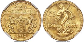 Free City gold 25 Gulden 1930 MS64 NGC, KM150. This near-gem example features dazzling luster which is so strong and vibrant that it lends it a proofl...
