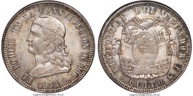 Republic 5 Francos 1858 QUITO-GJ MS63 NGC, Quito mint, KM39, Seppa-EC73, El-2. Obv. Eagle over arms, dividing the denomination 5-F. Rev Head left with...