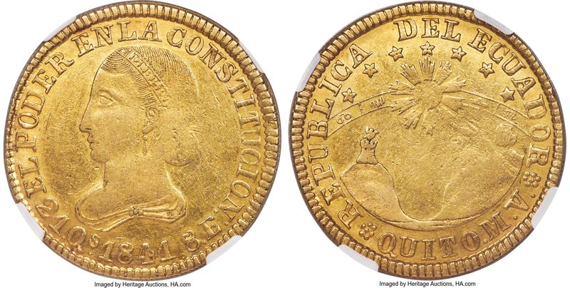 Republic gold 8 Escudos 1841 QUITO-MV XF45 NGC, Quito mint, KM23.2. A pleasing e...