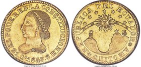 Republic gold 8 Escudos 1843 QUITO-MV AU55 NGC, Quito mint, KM23.2, Fr-3. A beautiful example with deeply defined details and lustrous surfaces, and a...