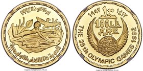 United Arab Republic gold 100 Pounds AH 1412 (1992) MS69 NGC, KM721. Mintage: 49. Struck to commemorate swimming at the summer Olympics in Barcelona. ...