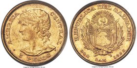 Republic gold 5 Pesos 1892-C.A.M. AU55 PCGS, San Salvador mint, KM117. Mintage: 558. Comparatively quite strong in the devices for this elusive and of...