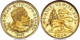 Menelik II gold Werk EE 1889 (1897) MS64 NGC, KM18. A bright, golden example with deep mirroring in the fields and a strong, bold strike. A near-gem e...