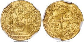 Charles V gold Franc a Pied ND (1364-1380) AU50 NGC, Paris mint, Fr-284, Dup-360. 3.80gm. KAROLVS x DI x GR | FRANCORV x RЄX, King standing facing ben...