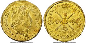 Louis XIV gold Louis d'Or 1704-D MS62 NGC, Lyon mint, KM365.5. Overstruck on a 1701 Louis d'Or of the same monarch. Very near choice and corresponding...