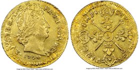 Louis XIV gold Louis d'Or 1704-O MS61 NGC, Riom mint, KM365.14, Gad-254. Overstruck on an earlier Aix Louis d'Or of the same monarch. A very rare mint...