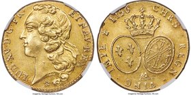 Louis XV gold 2 Louis d'Or 1756-AA AU58 NGC, Metz mint, KM519.2. Only the tiniest hint of wear keep this from achieving a Mint State grade, but as-is ...