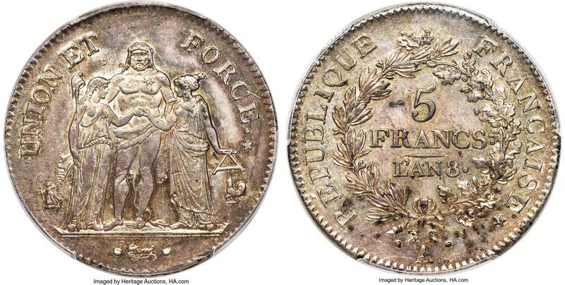 "Republic" 5 Francs L'An 8 (1799/1800)-A MS62 PCGS, Paris mint, KM639.1. An ench...