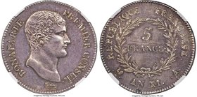 Napoleon 5 Francs L'An XI (1802/3)-A MS62 NGC, Paris mint, KM650.1. Steely tone is expressed with a uniform satisfaction across the surfaces of this i...